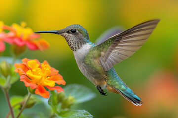 Fototapeta premium A hummingbird frozen in mid-air while hovering near a flower, highlighting its agility and delicate beauty.