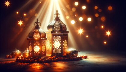 Fototapeta na wymiar Experience the Eid Mubarak Radiance with this Ramadan Lantern Glow Background, perfect for Greeting Cards, Wallpapers, Banners, and Presentations.