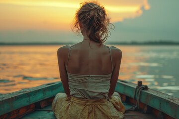 Fototapeta na wymiar Beautiful girl sailing on a boat against the background of a beautiful sunset, sea, ocean, travel, summer vacation of a young woman
