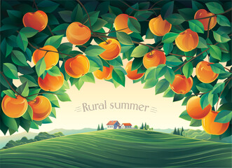 View of the rural landscape with village, through the branches of an apple orchard. Vector illustration.