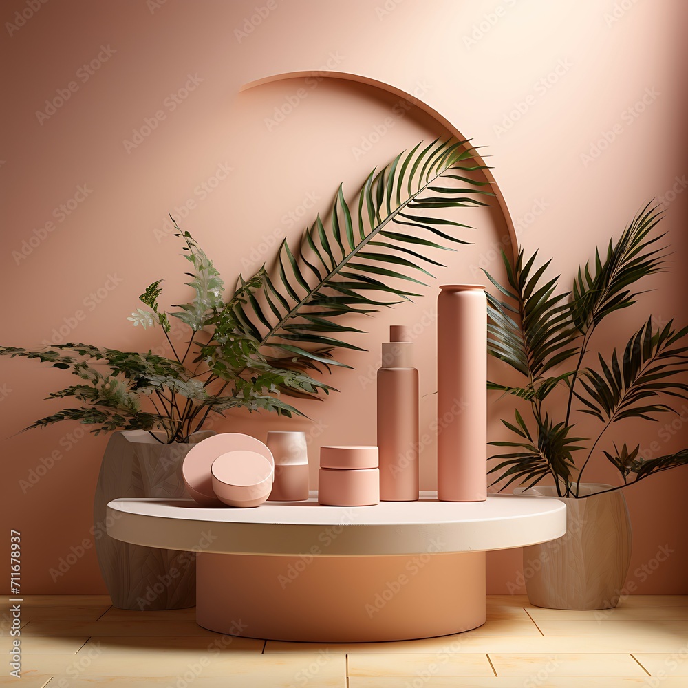 Poster cylinder podiums in soft pink background with paper leaves on column