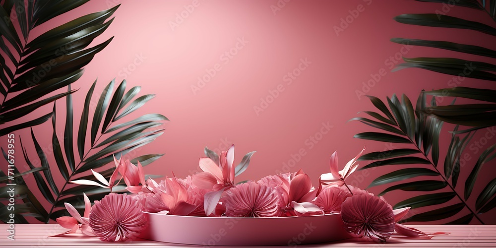 Poster empty room with shadows of window and flowers and palm leaves