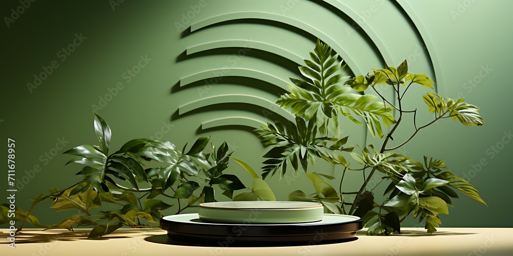 Poster geometry form square molding on podium stage with shadow of leaf background