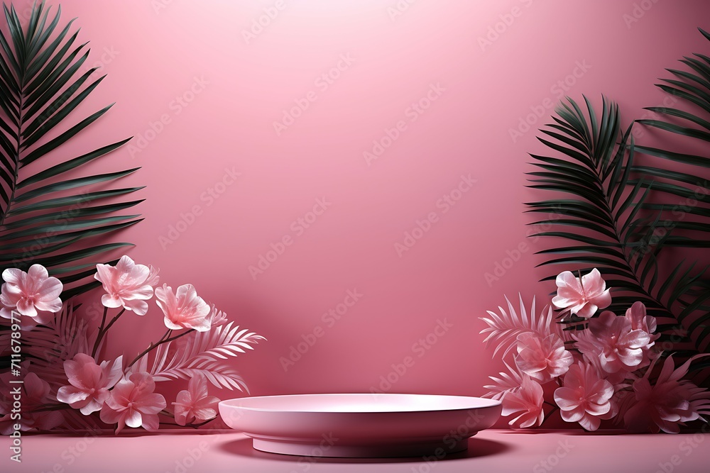 Poster empty room with shadows of window and flowers and palm leaves
