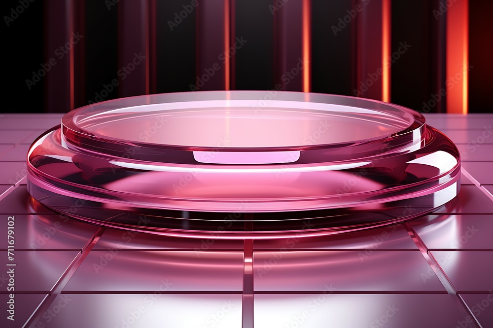 Poster empty round podium on a red background. 3d illustration. side view