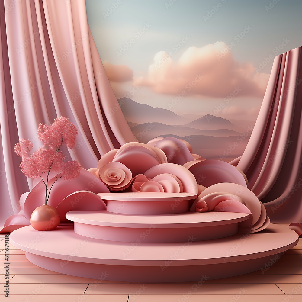 Poster 3d render of podiums with pink fabric and flower in the background