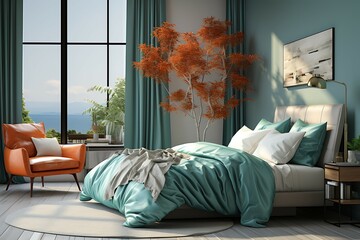 Interior of modern bedroom with white walls, tiled floor, comfortable king size bed. 3d rendering