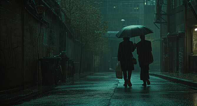 Zwei Personen, vielleicht ein Paar, geht durch die Stra&szlig;e w&auml;hrend es regnet aber sie haben einen Regenschirm