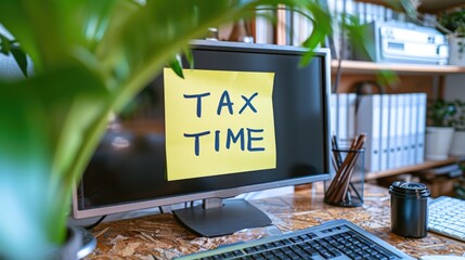 Sticky note with "TAX TIME" written on it, attached to a computer monitor in a home office setting generative ai
