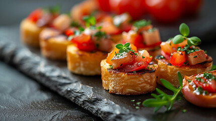 Mini canapes, snacks, and appetizers. Seafood, delicacies, restaurants, and special events. - obrazy, fototapety, plakaty