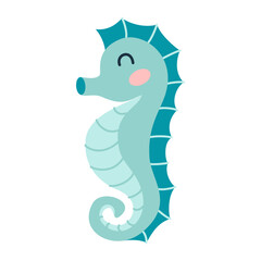 Cartoon hand drawn happy baby sea horse on isolated white background. Character of the sea animals for the logo, mascot, design.