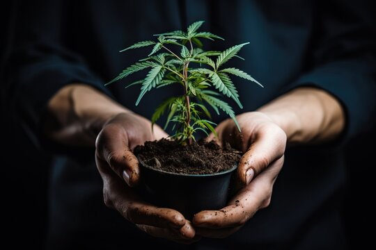 A man is holding a small bush of marijuana for planting in the ground.