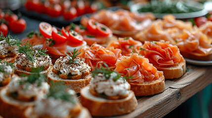 Mini canapes, snacks, and appetizers. Seafood, delicacies, restaurants, and special events. - obrazy, fototapety, plakaty