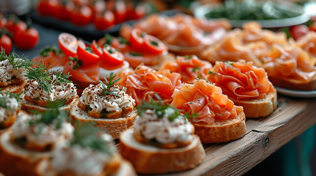 Mini canapes, snacks, and appetizers. Seafood, delicacies, restaurants, and special events.