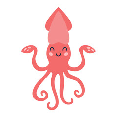 Cartoon hand drawn happy baby squid on isolated white background. Character of the sea animals for the logo, mascot, design.