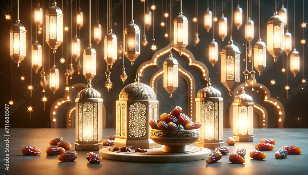 Wall mural experience the eid mubarak radiance with this ramadan lantern glow background with dates palm fruits