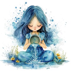 Zodiac sign aquarius - cute girl with amphora - watercolor illustration - obrazy, fototapety, plakaty