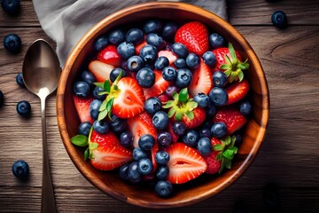 Fresh fruit salad with berries in bowl on wooden background