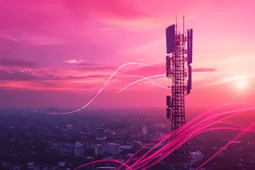 Fototapeten Communication tower with pink digital waves at sunset © agnes