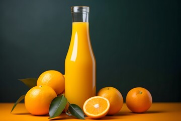 Fresh orange juice in a glass bottle with fresh oranges