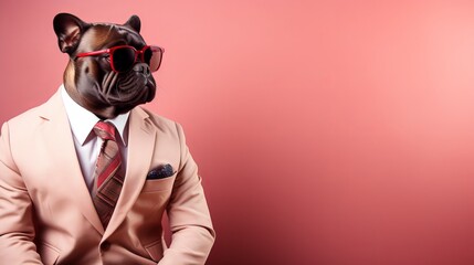 dapper canine  stylish dog in sunglasses and suit on pink background with copy space