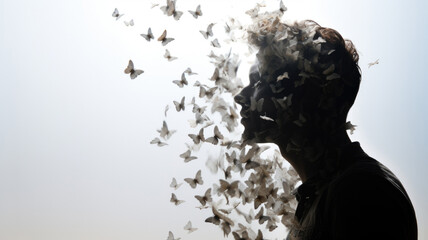 Fototapeta premium Man profile with butterflies flying from head, concept of mental health