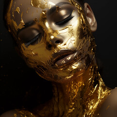 gold leaf on face and neck of a beautiful model. black background