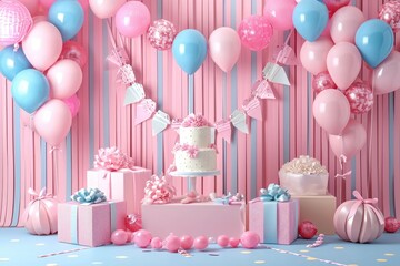 birthday Party,Party items and table items in a room decorated with balloons,3d,render 3d