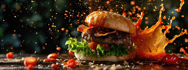 Burger with dynamic sauce splash and flying ingredients on dark background