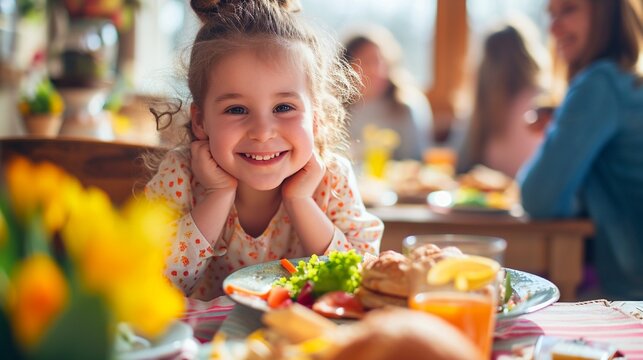 Child enjoying a delicious Easter brunch with family and friends