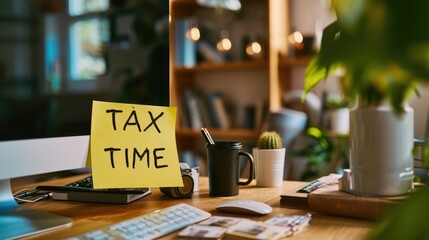 Sticky note with "TAX TIME" written on it, attached to a computer monitor in a home office setting generative ai