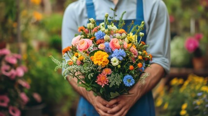 Bouquet of flowers in hands of male florist. Generative AI