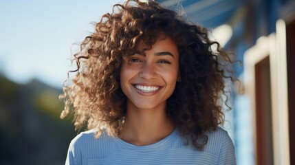 Portrait of a beautiful young african american woman with curly hair smiling outdoors - obrazy, fototapety, plakaty