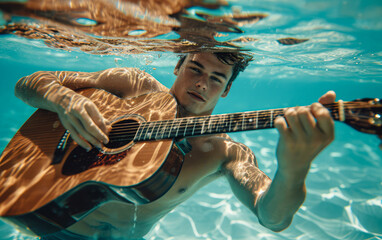 A young man plays music with a guitar and sings a song underwater.