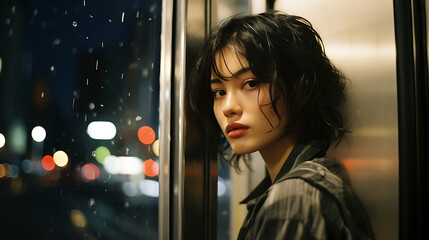 Portrait of a beautiful young asian woman with black hair in the rain