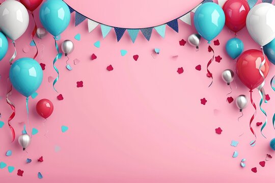 birthday Party,Party items and table items in a room decorated with balloons,3d,render 3d