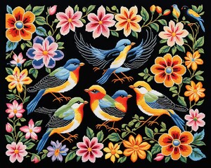 Fototapeta premium Embroidered Birds and Flowers on Black Fabric