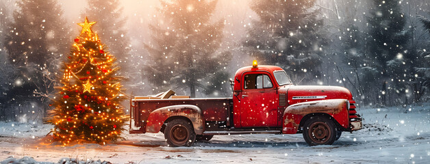 Vintage red Christmas truck with joyous tree, unwrapping the spirit of Christmas. Perfect for holiday season and festive celebrations. - obrazy, fototapety, plakaty