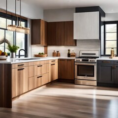 An inviting kitchen space featuring sleek appliances, warm wood accents, and an open layout that seamlessly combines functionality and style for a modern mid-range family lifestyle
