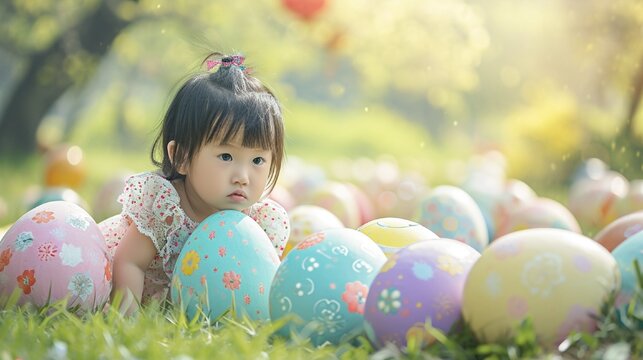 Little one posing with a giant Easter eggs display in a park