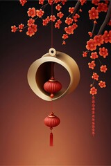 Red decorated Chinese lantern and branches with colorful buds. Chinese New Year celebrations.