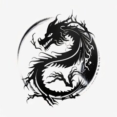 Silhouette of a dragon in a circle tattoo white flooded background. Chinese New Year celebrations.