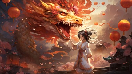 Illustration of a girl in traditional Chinese costume, or having a big dragon Lanterns around by the tooth. Chinese New Year celebrations.