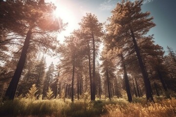Bright daylight with dramatic lighting portraying realistic cinematic scene of blooming pine trees. Generative AI