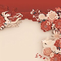 Bright card with rabbits and cherry blossoms. Banner with space for your own content. Blank space for the inscription. Chinese New Year celebrations.