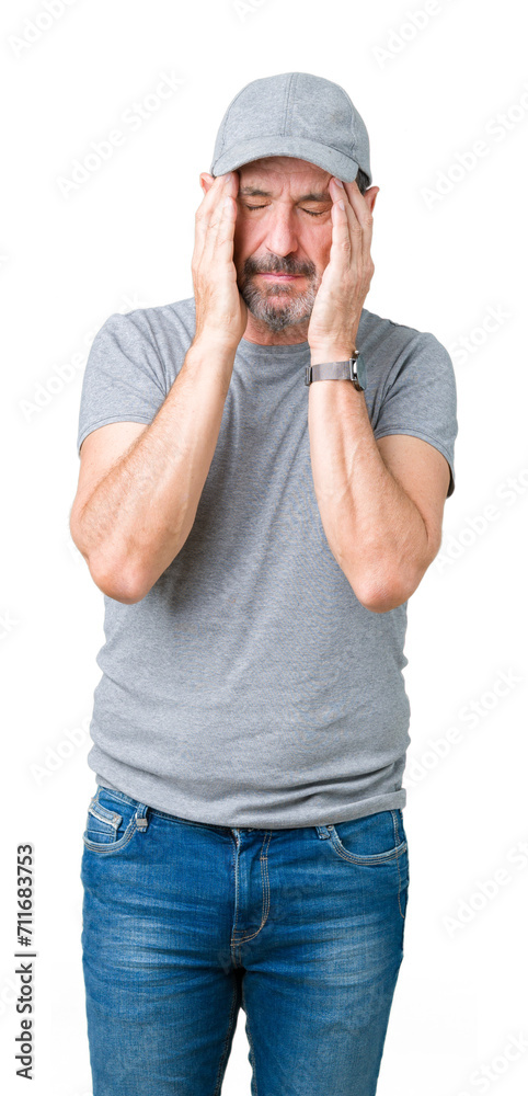 Sticker Handsome middle age hoary senior man wearing sport cap over isolated background with hand on head for pain in head because stress. Suffering migraine.