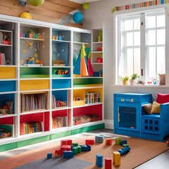 A creatively designed children's bedroom with playful elements, vibrant colors, and functional storage