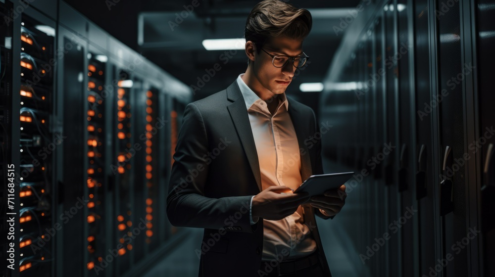 Poster a male engineer, an it specialist, programs cybersecurity code in a dark siren room. digital program