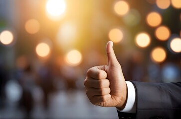 Businessman hand thumb up sign with bokeh affect background