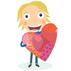 Blonde boy in love holding a heart. Vector Illustration.